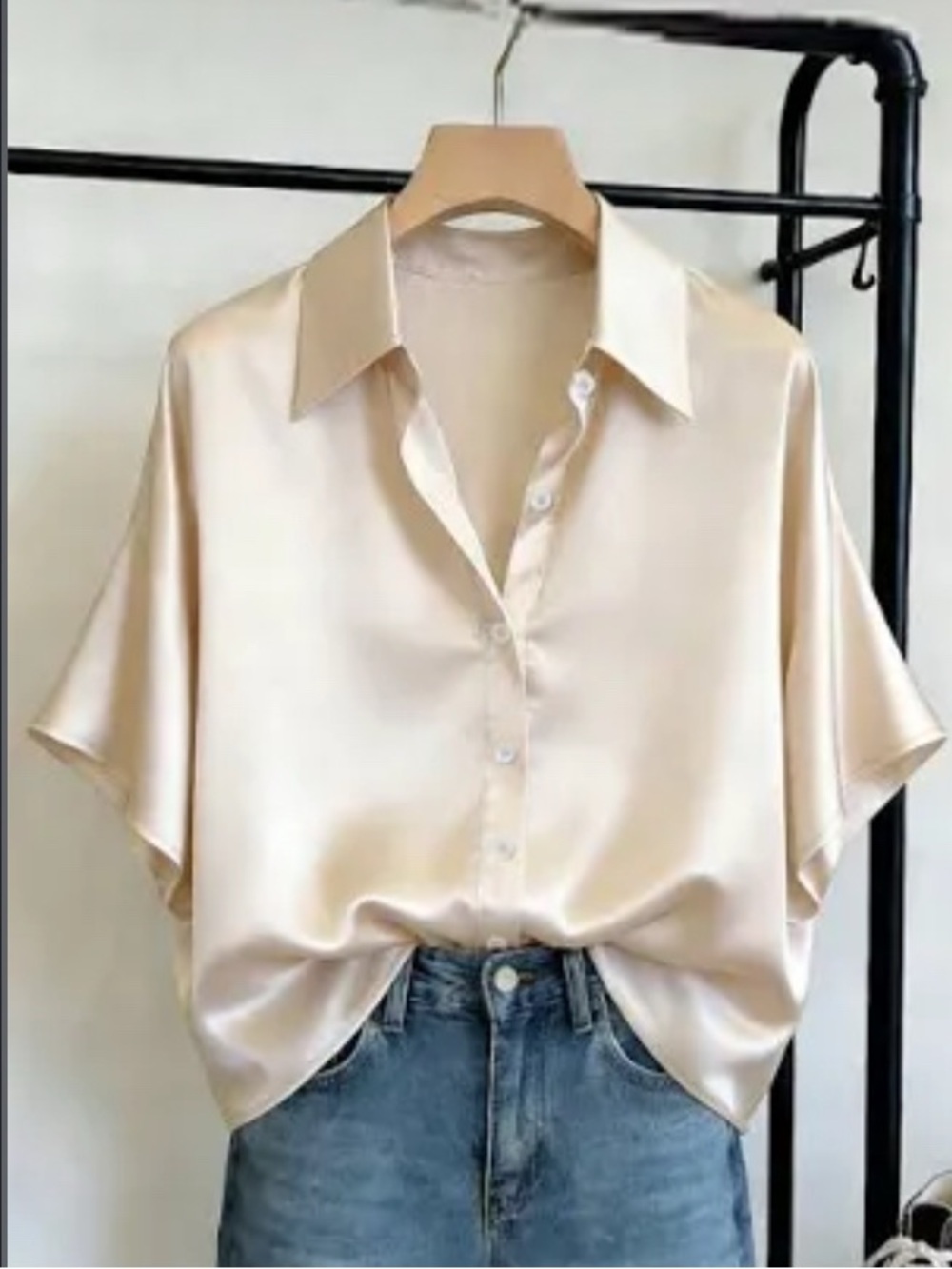 SHEIN 3X Black Satin- Like Short-Sleeve Button Up Blouse w/ Collar